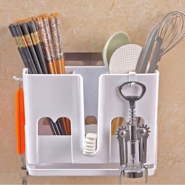 Hộp đựng đũa muỗng 3 ngăn có lỗ thoát nước dán treo tường tiết kiệm diện tích cho người dùng