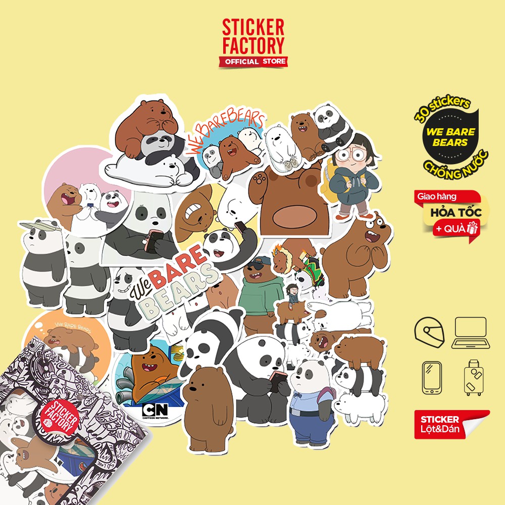 Hộp set 30 sticker hình dán dễ thương, trang trí nón bảo hiểm , laptop, xe máy, ô tô STICKER FACTORY - We Bare Bears