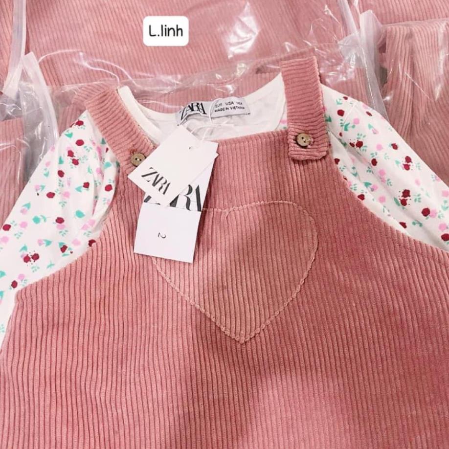Set váy yếm nhung tăm kèm áo thun cotton Zara xuất dư bé gái .
