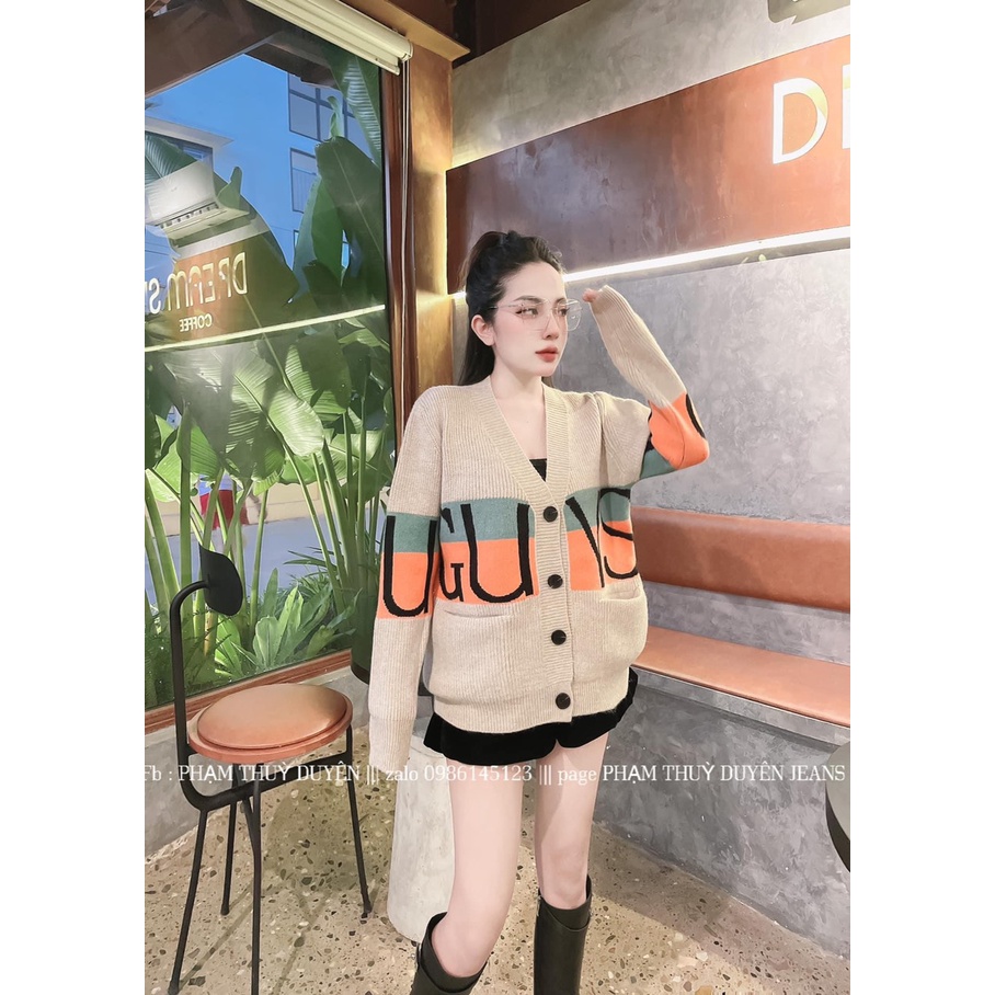 Áo Khoác len Cardigan Cổ V Cài Khuy Họa Tiết Chữ Guys Phối Màu Tay Dài Thời Trang Nữ Thu Đông | Vui Vẻ Shop