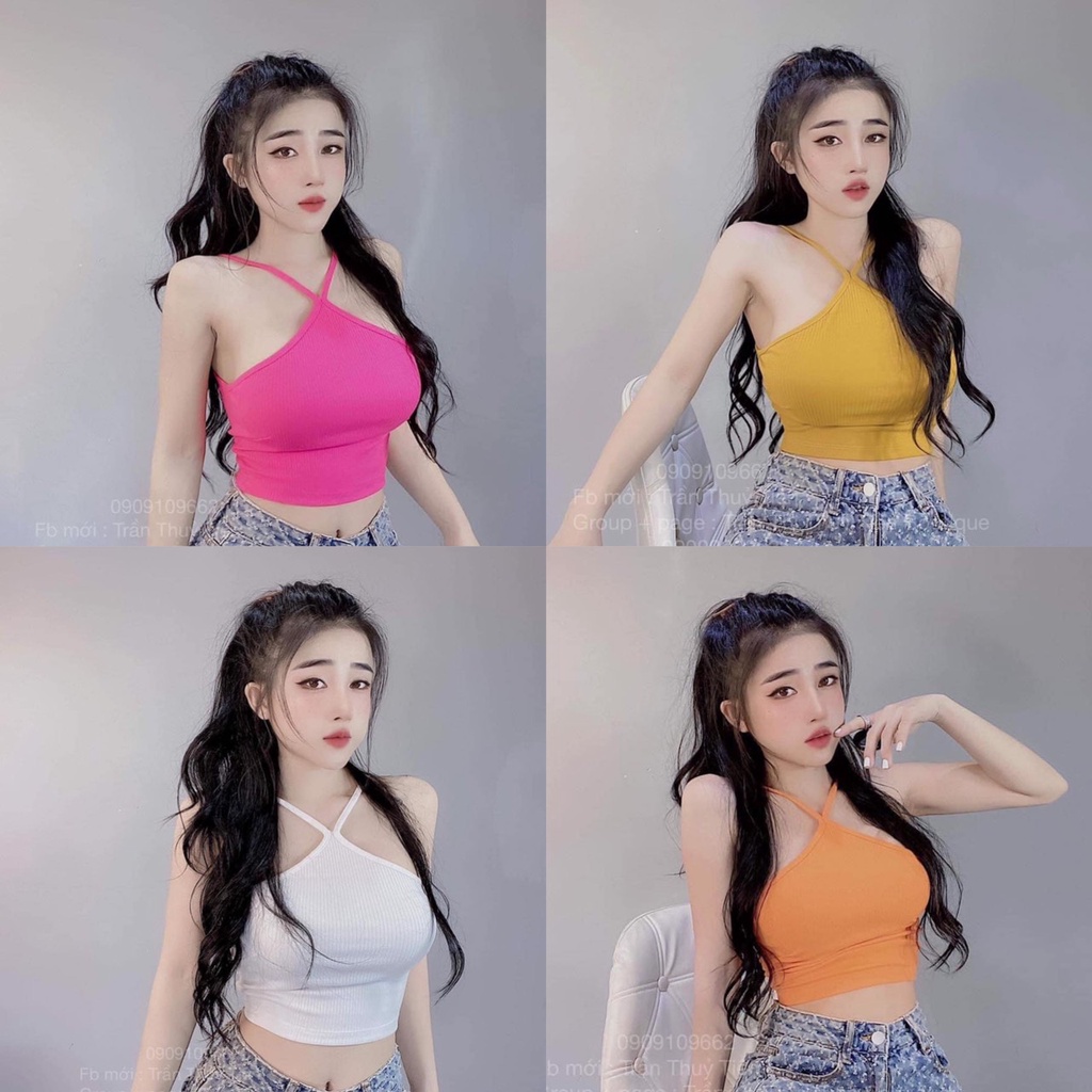 Áo croptop cổ yếm 2 dây mảnh,Áo yếm 2 dây nữ gân tăm hở lưng co giãn nữ dễ thương phong cách hàn quốc