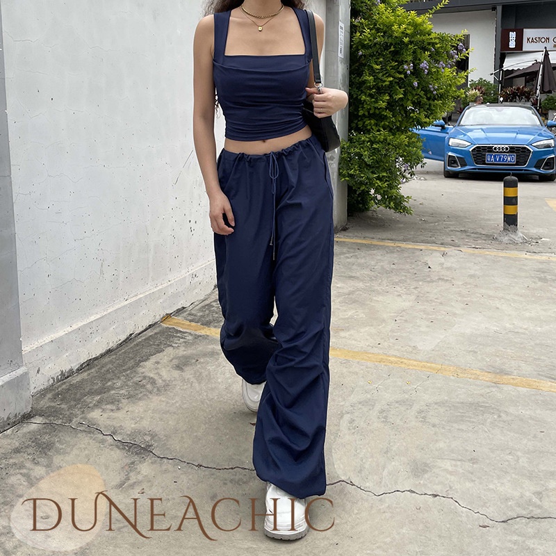DUNEA Bộ Áo Tank Top Dáng Rộng Phối Quần Lưng Cao Phối Dây Rút Cá Tính Cho Nữ
