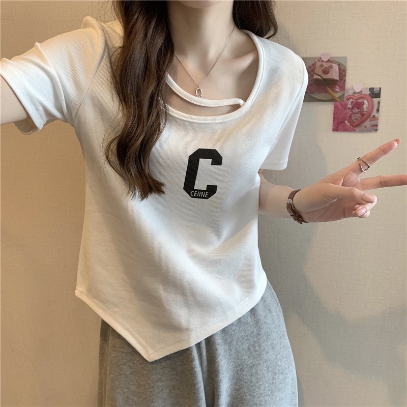 Áo thun dệt kim ZHELIHANGFEI ngắn tay dáng rộng in họa tiết cá tính