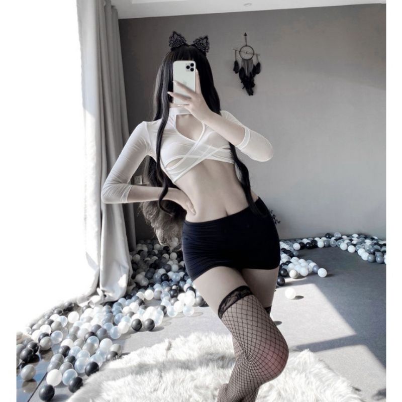 cosplay thư kí thư ký dài tay khoét ngực thun co dãn sexy gợi cảm