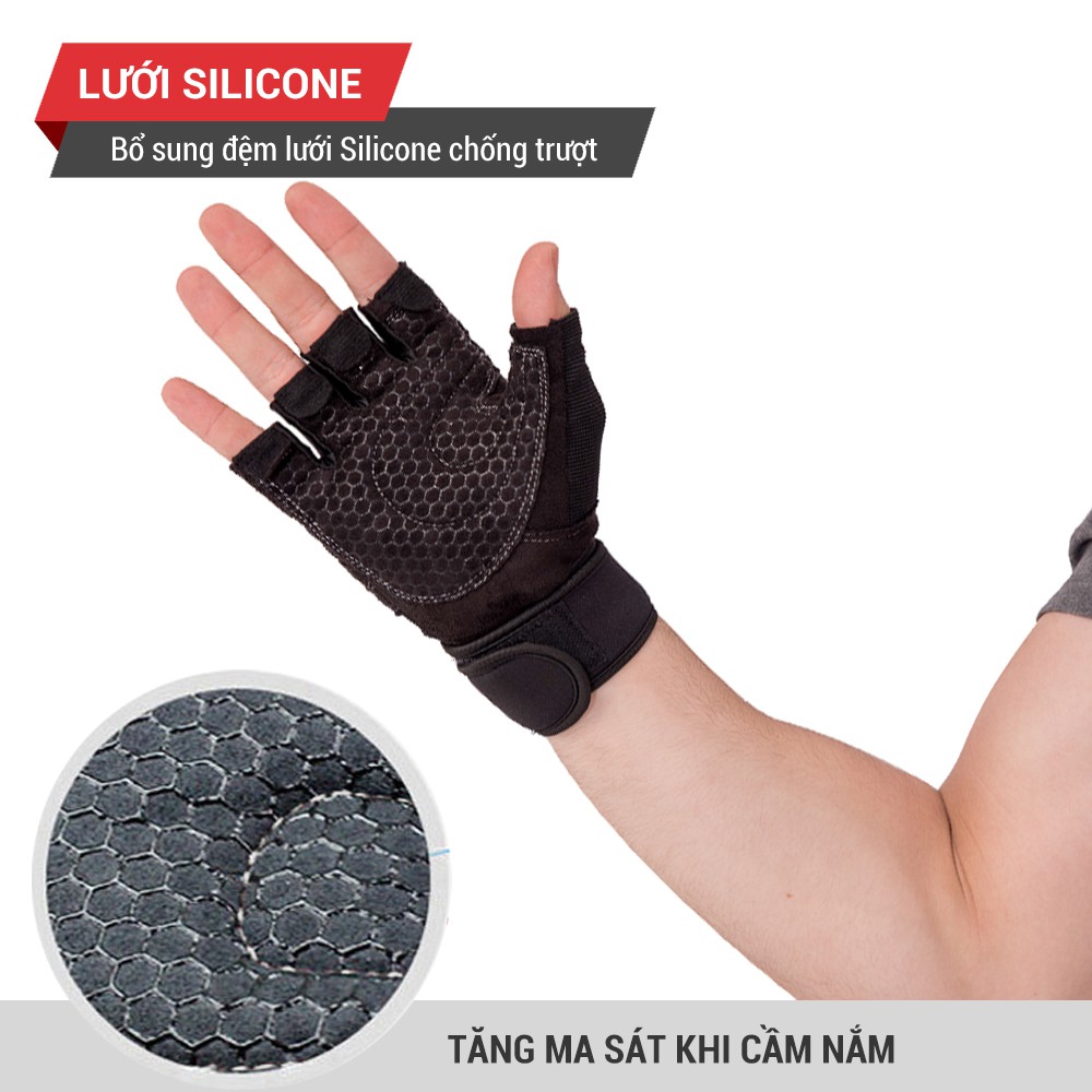 Bao tay tập gym hở ngón hít xà đơn GoodFit đệm silicone chống trượt dây quấn trợ lực cổ tay GF201G