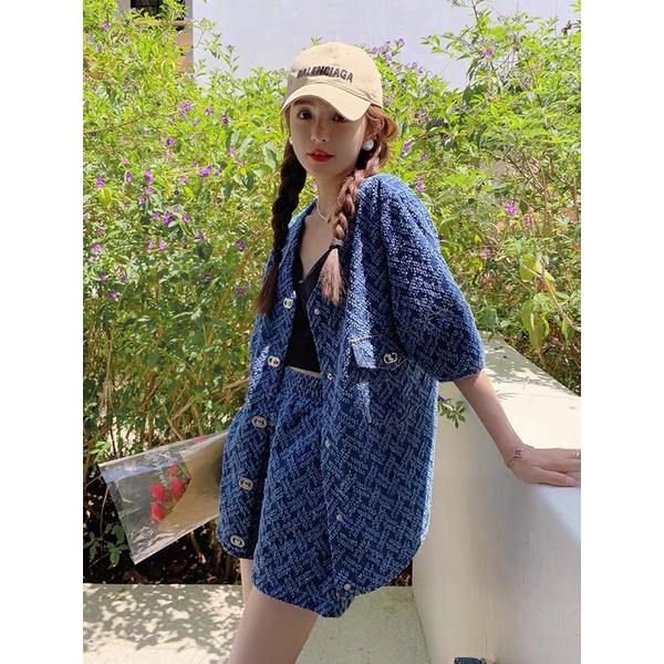 Set áo quần lửng jean xanh set áo khoác jean phong cách retro