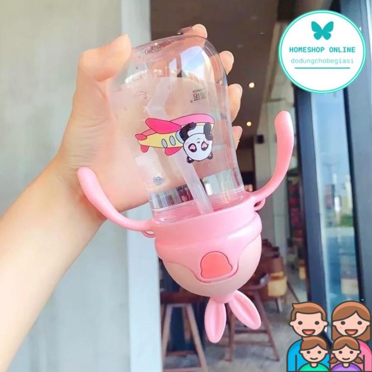 Bình tập uống nước tai thỏ có tay cầm có dây đeo siêu cute 280ml cho bé trai bé gái, bình nước ngôi sao bình thỏ