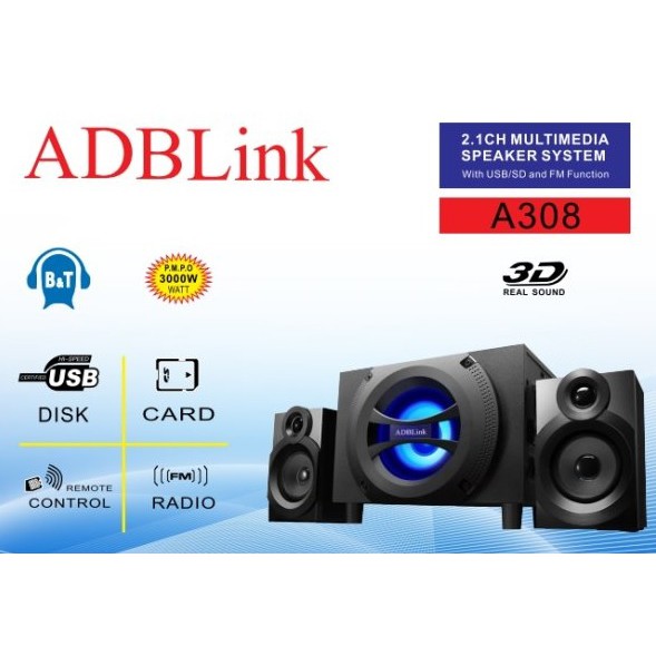 Loa Vi Tính 2.1 ADBLink A308 ( Bluetooth - FM , Thẻ Nhớ , Usb )