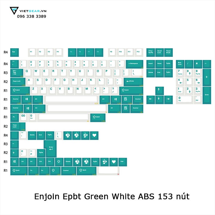 Bộ nút bàn phím EPBT Green white, nhựa ABS double shot 153 nút