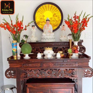 TRANH TRÚC CHỈ in MÂU NI 198 - Sen qui tụ tỏa, đk 50cm, (thích hợp đặt tượng thờ cao 35cm đến 55cm)