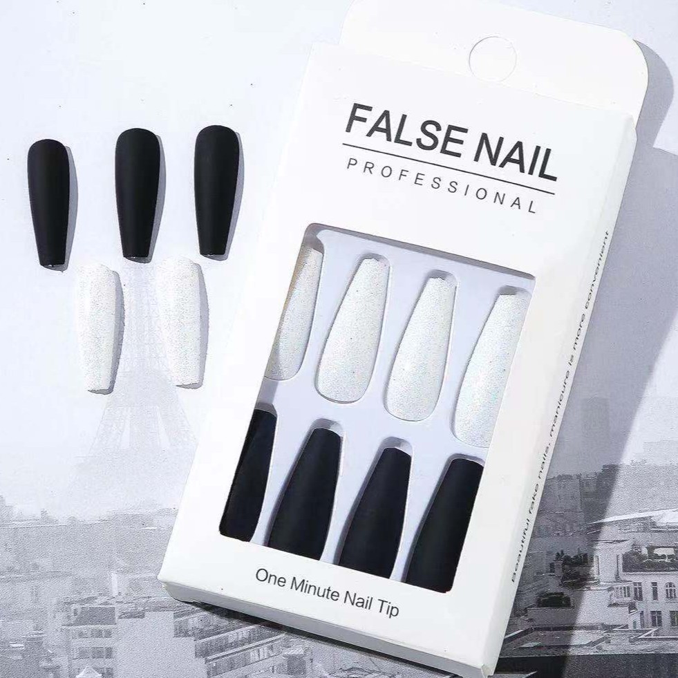 Bộ 24 Móng Tay Giả Siêu Dài Màu Trắng Đen Kèm Keo Dán