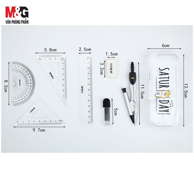 Compa Saturday M&G ACSN1304 chì bấm kèm cuc gôm, hộp ngòi màu Đen có hình mèo