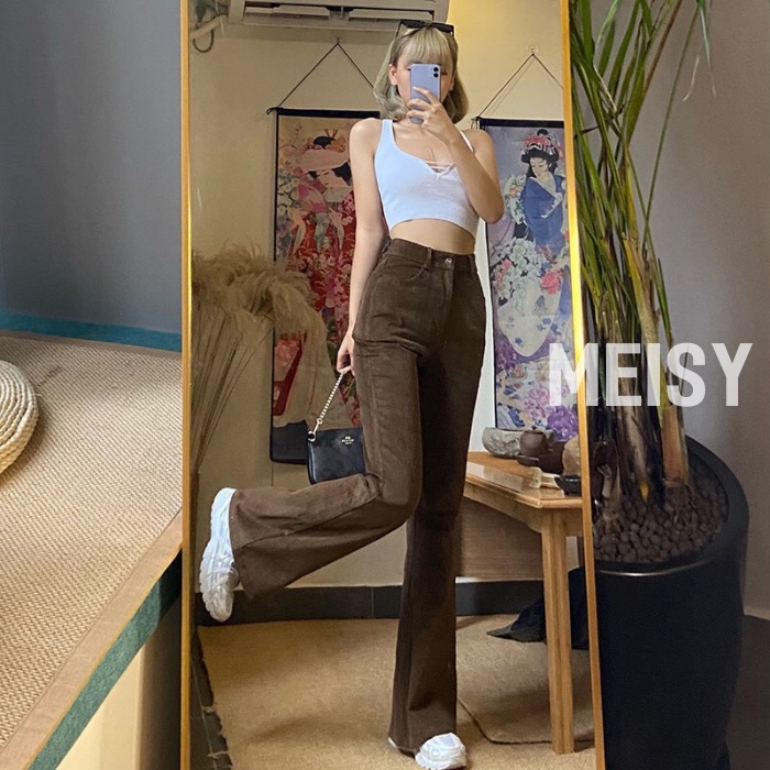 Quần nữ ống loe cạp lưng cao màu nâu đen phong cách Hàn Quốc Meisy