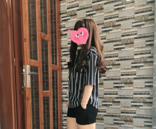 Áo Sơ mi oversize đen 2 sọc trắng - tay ngắn