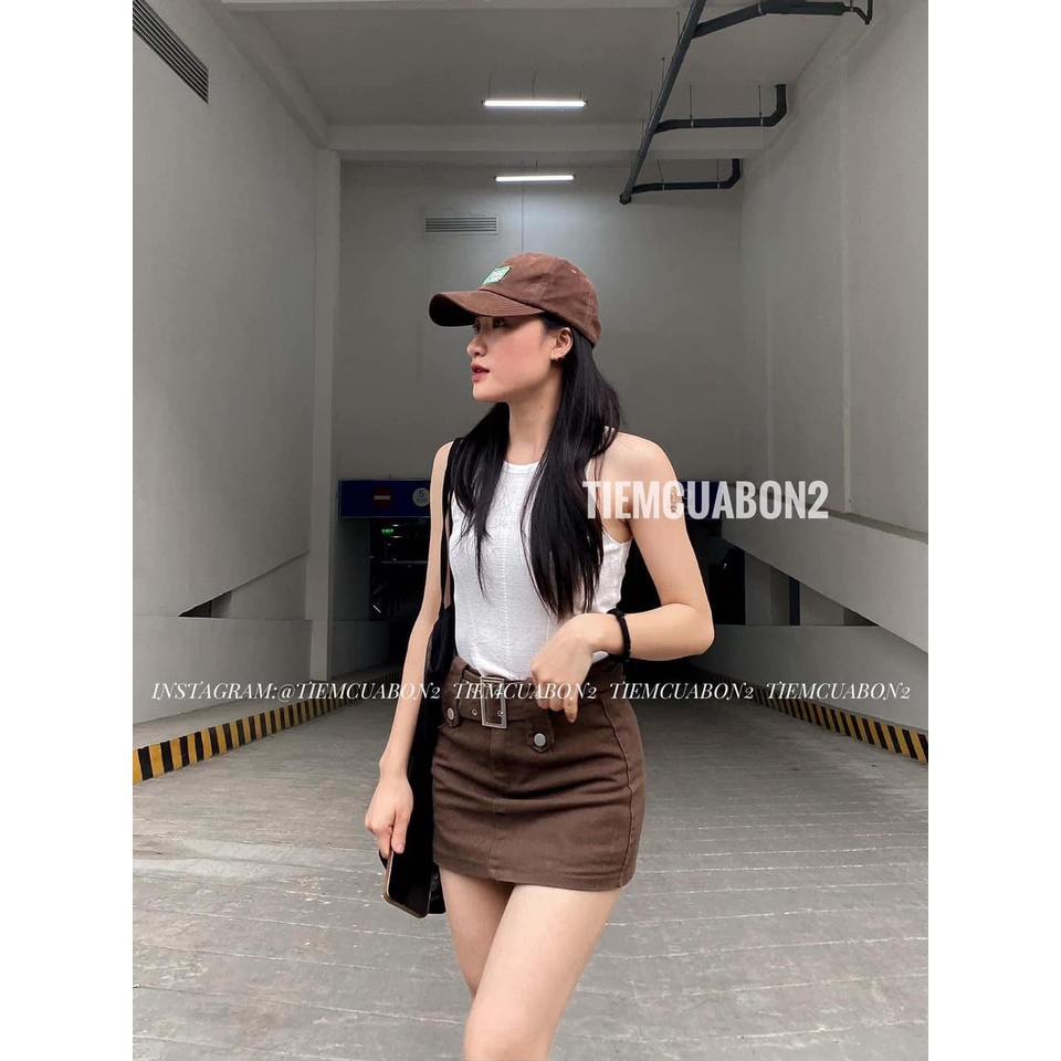 Chân váy jeans thô kaki ngắn kèm đai 757 hàng có sẵn