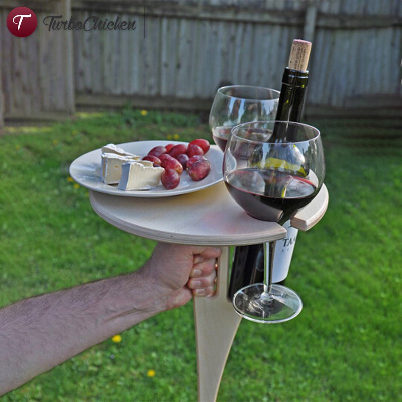 #New# Outdoor Portable Wine Table with Foldable Round Desktop Mini Wooden Picnic Table Easy to Carry