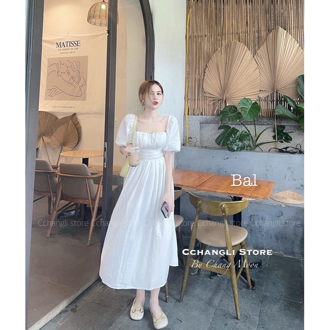 Váy maxi cổ vuông tay bồng