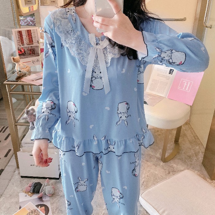 SUGEMIUSI Đồ ngủ tay dài vải mỏng thiết kế xinh xắn thời trang cho nữ