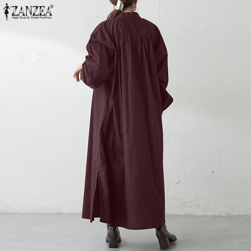 Đầm dài ZANZEA dáng rộng tai dài cổ tròn xẻ tà màu trơn cho nữ