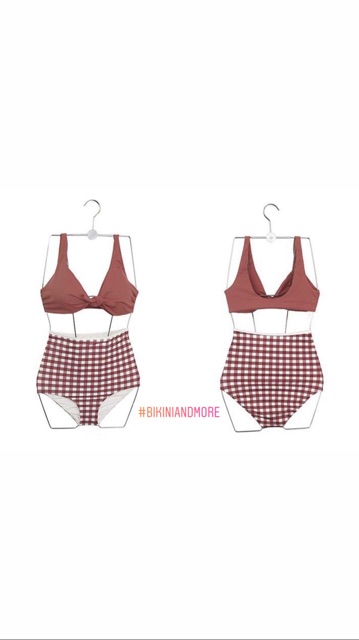 [BKN113] &lt;HÀN&gt; SET BIKINI ĐỎ NƠ NGỰC QUẦN CARO KIỂU HÀN (CẠP CAO)