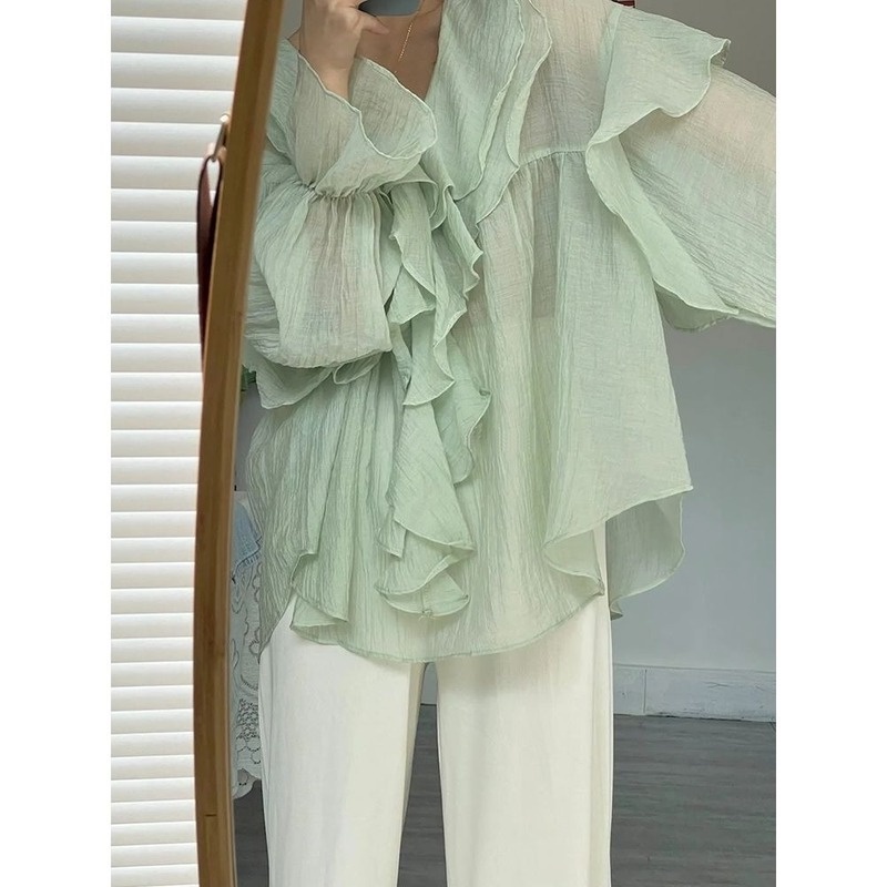 Áo Sơ Mi Tay Phồng Cổ Chữ V Dáng Rộng Phong Cách Phương Tây Thời Trang Cho Nữ