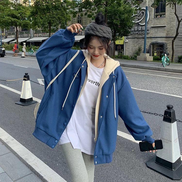 Áo Khoác Giả Hai Lớp Có Mũ Trùm Phong Cách Thu Đông Mới Cho Nữ