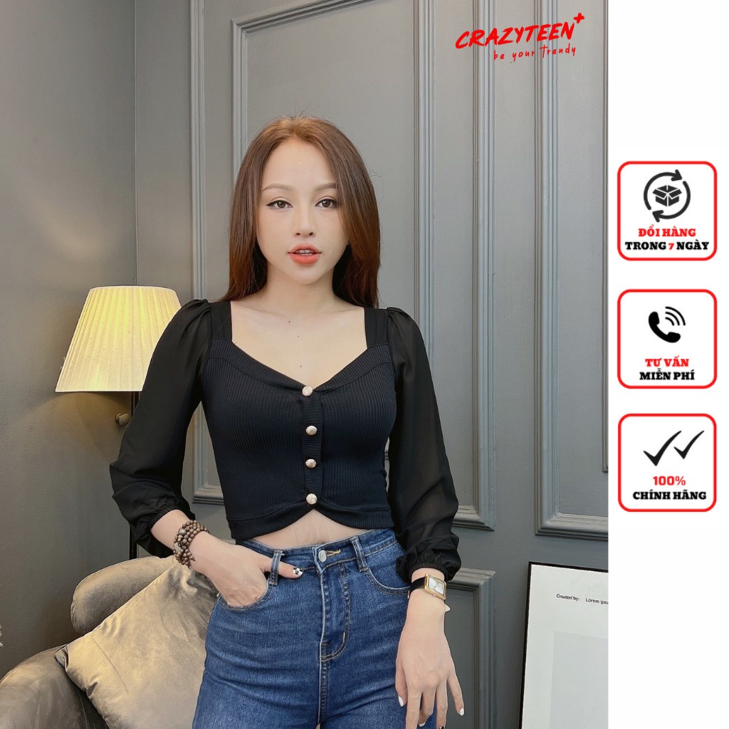 Áo thun tay dài nữ CRAZYTEEN dáng lỡ cổ v AT0172