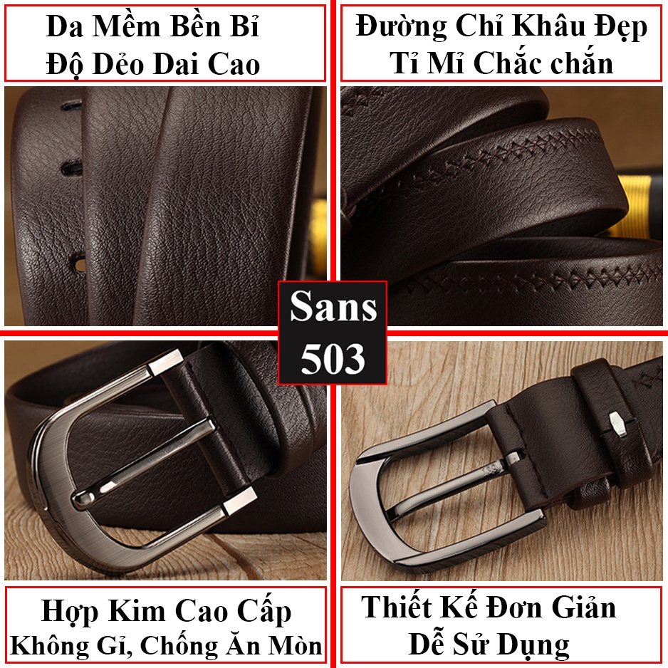Thắt lưng nam khóa kim gài Sans503 đơn giản classic dây nịt da mềm cổ điển vuông cao cấp đẹp thời trang công sở đen nâu