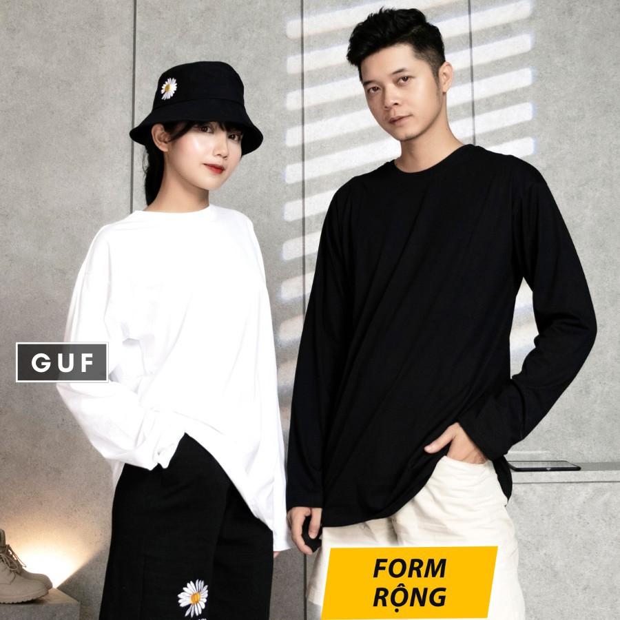 HÀNG NHẬP KHẨU -  Áo Thun Tay Dài Nam Nữ Form Rộng Cổ Tròn Đen Trắng Chất Phông Cao Cấp Basic Unisex Thương Hiệu GUF - H