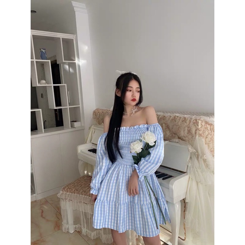 Đầm trễ vai sọc caro xanh Camila Dress