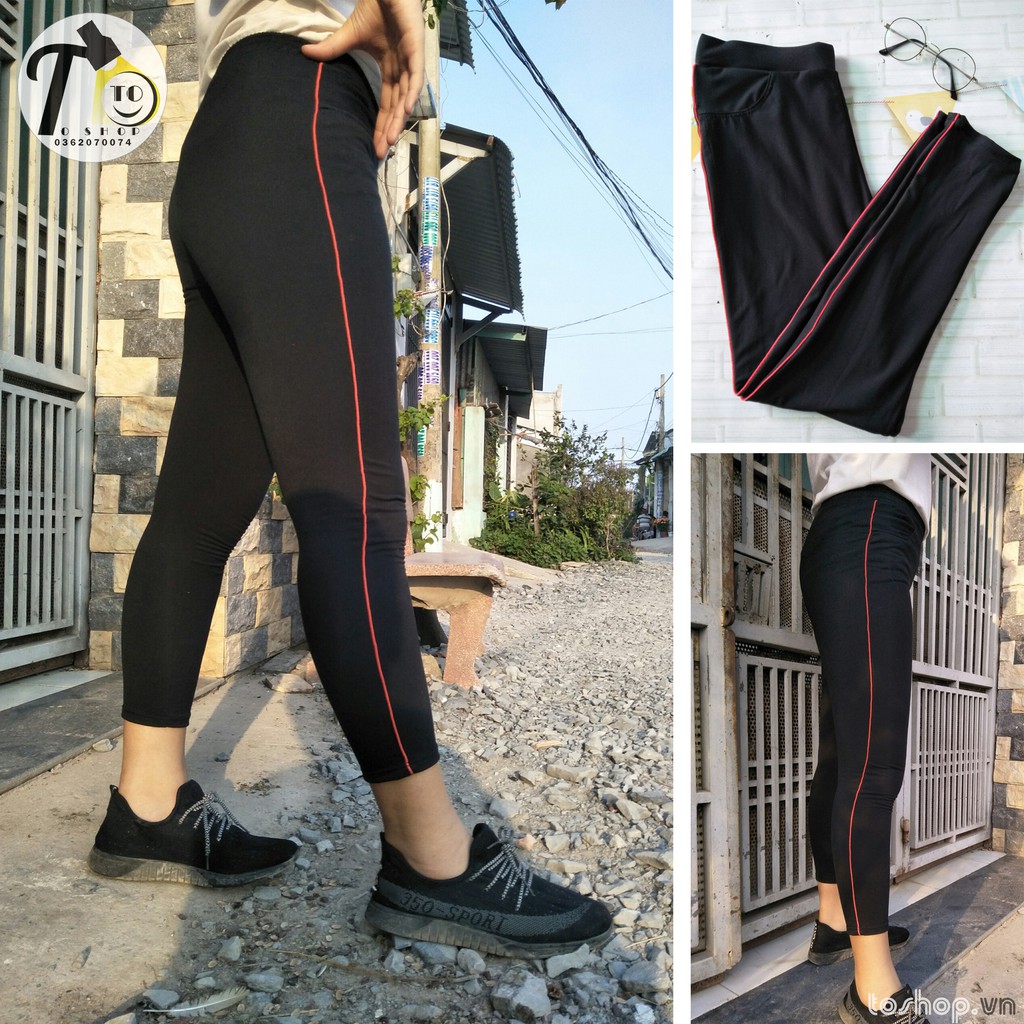 Quần thun nữ - legging (Ôm body,Quần màu đen - viền sọc đỏ, vàng chanh,hồng)