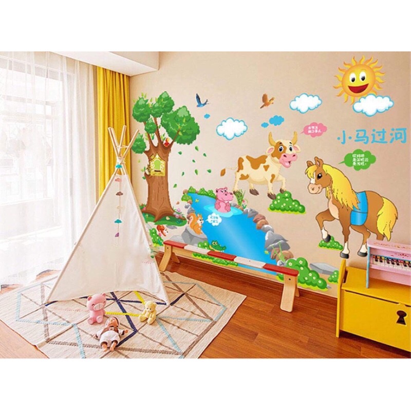 Decal dán tường cho bé đoàn thú qua sông