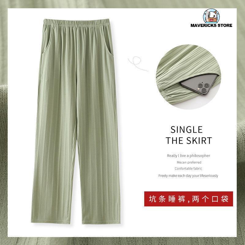 Quần ngủ cotton ống rộng họa tiết sọc màu sắc phong cách Hàn Quốc cho nữ