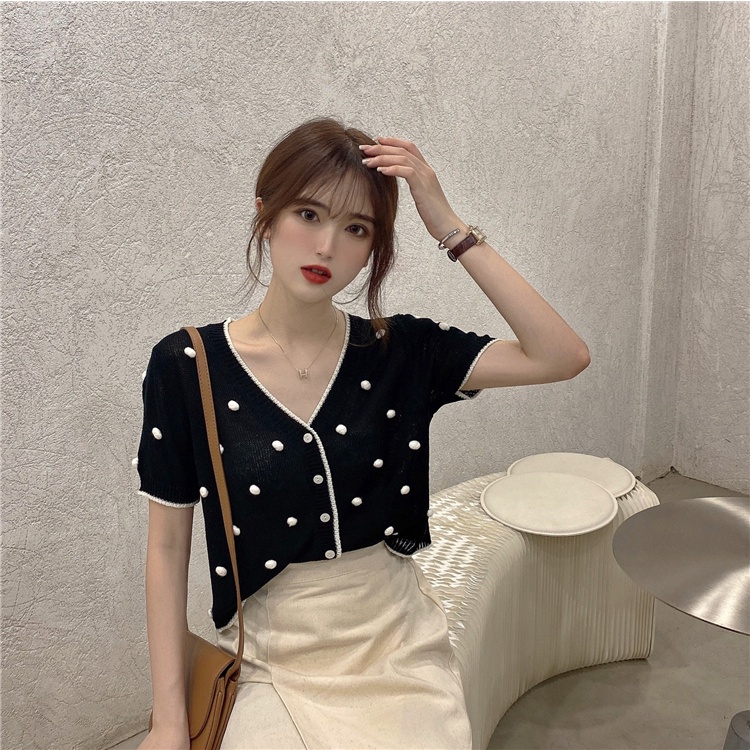 Áo cardigan ZHELIHANGFEI dệt kim tay ngắn cổ chữ V màu đen họa tiết chấm bi xinh xắn thời trang