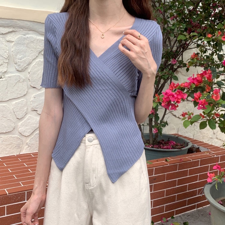 Áo tay ngắn cổ chữ V màu trơn ôm dáng phong cách Hàn Quốc thời trang cho nữ JL-TX-132
