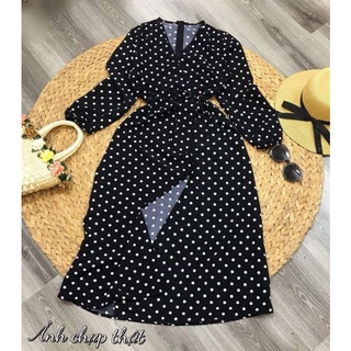 Đầm maxi chấm bi tay bồng cổ v