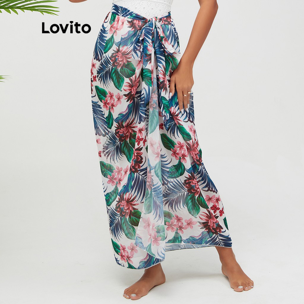 Chân váy Lovito tôn dáng trang trí nơ họa tiết hoa thực vật phong cách Boho L15X048 (màu xanh lam)