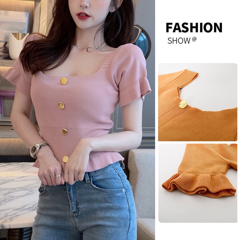Áo Croptop Dệt Kim Cổ Vuông Tay Ngắn Có 4 Màu Thời Trang Cho Nữ