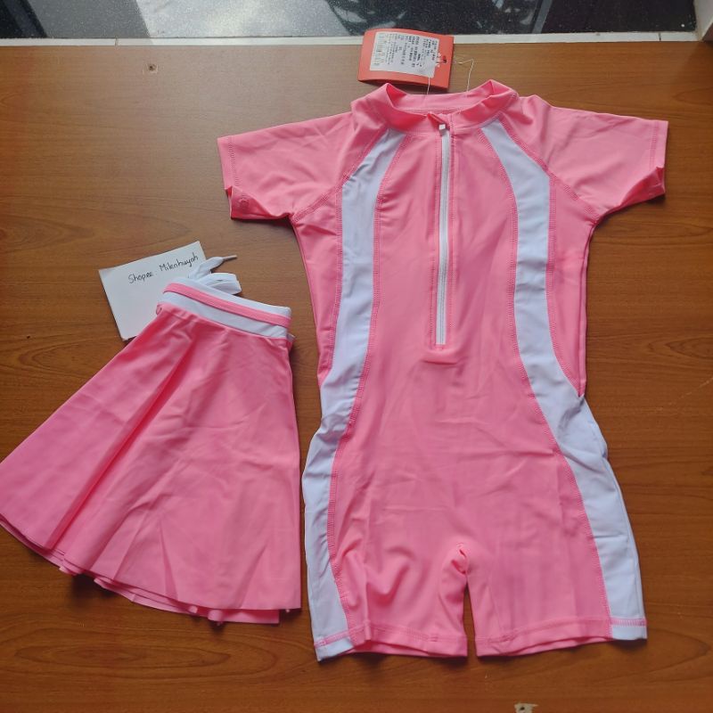 Đồ bơi cho bé gái 10-45kg gồm áo bơi liền thân và quần váy rời màu xanh sọc hồng, màu hồng sọc trắng dễ thương cho bé