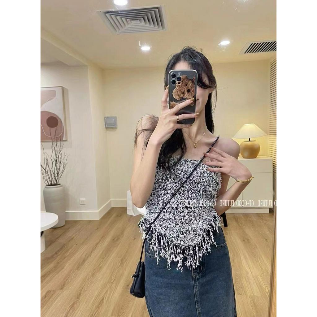 QADCOL  Áo Ngực Dáng Ôm Họa Tiết Kẻ Sọc Đính Tua Rua Thời Trang Mùa Hè Cho Nữ