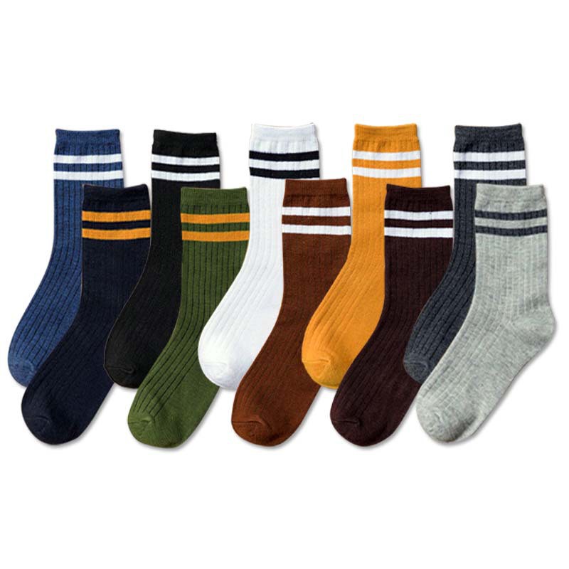 Vớ Cổ Cao Unisex Cotton Dày dặn, Tất Cổ Cao Nam Nữ Họa Tiết Cổ 2 Sọc Ngang
