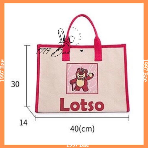 Túi vải Canvas gấu dâu Lotso size to, có kèm charm và có nút gài