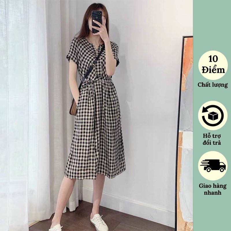 Đầm sơ mi caro dáng suông công sở thanh lịch có dây thắt eo,có túi CHIC.STORE