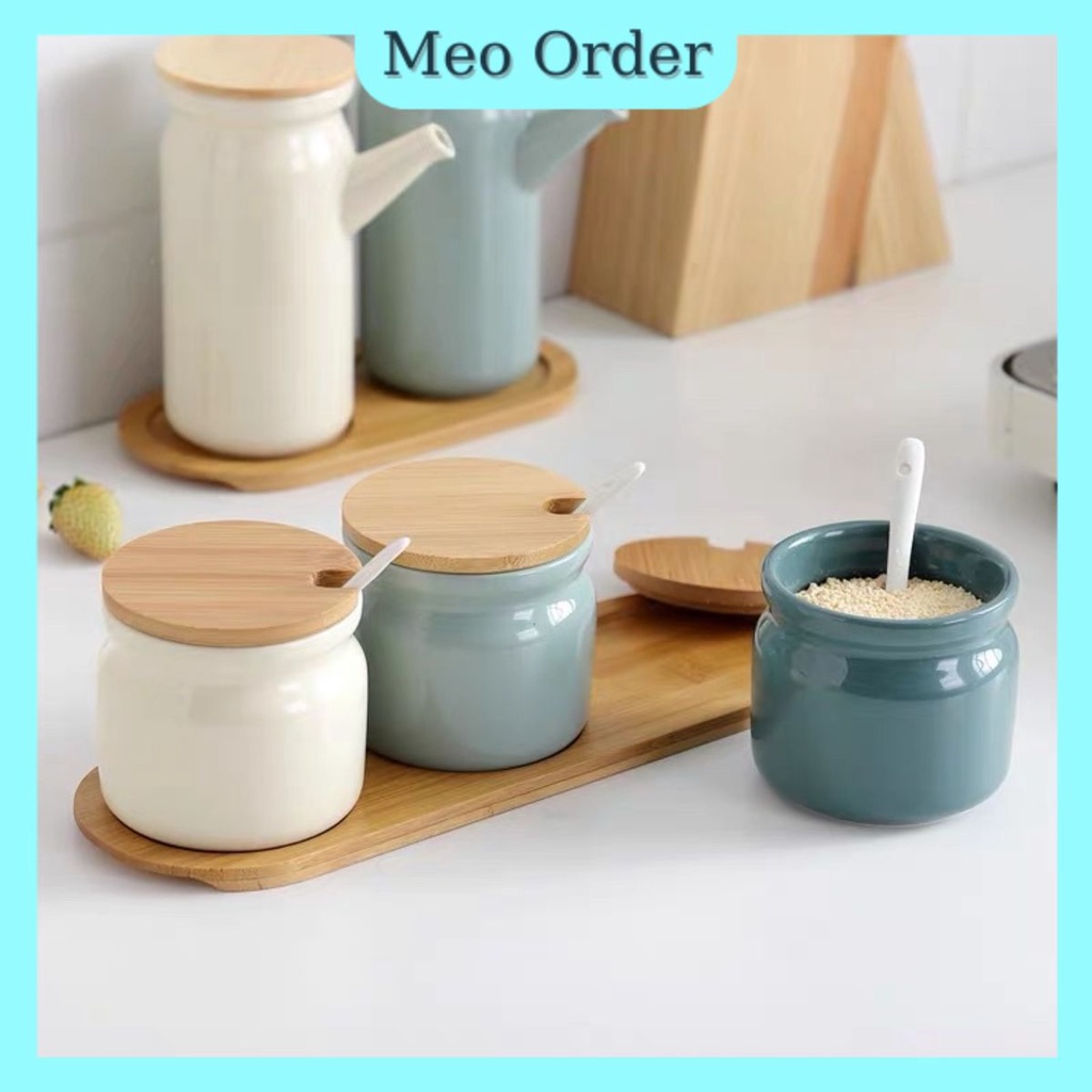 Hũ đựng gia vị gốm nắp tre màu pastel phong cách Nhật Bản - Decor, trang trí - Dungcunhabephd