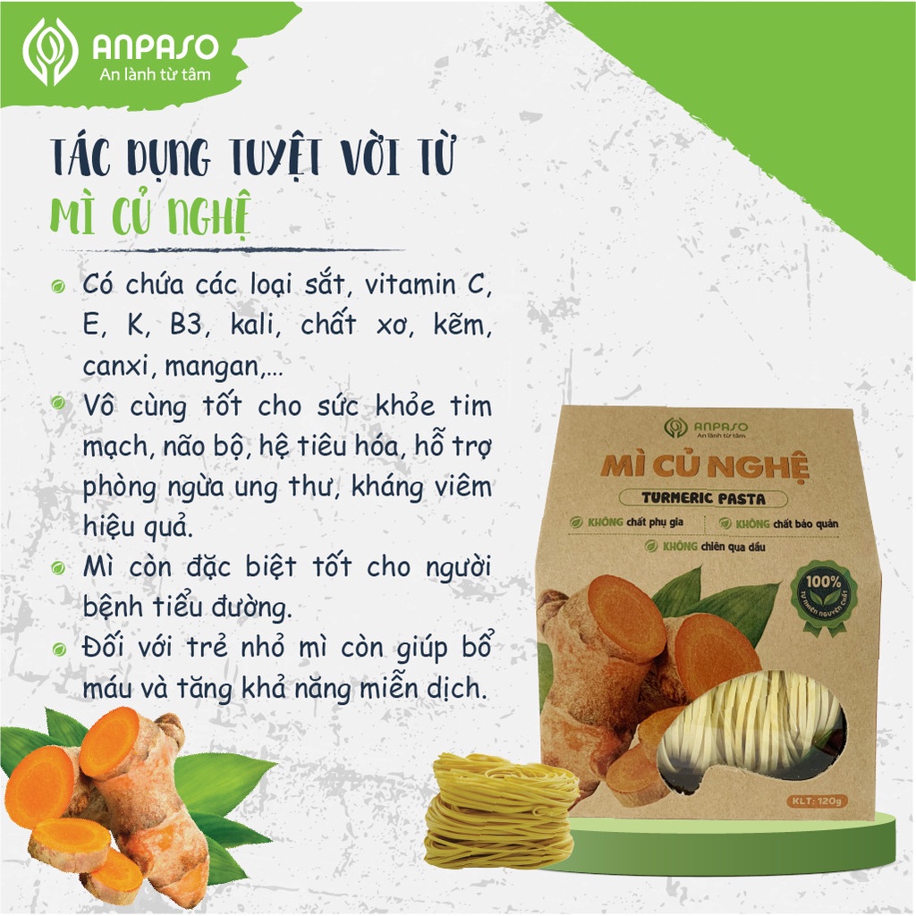 Mì Củ Nghệ Nguyên Chất Anpaso Eat Clean, Thanh Mát, Giảm Cân, Ăn Chay, Bổ Sung Chât Xơ, tốt cho tiêu hóa 120g | BigBuy360 - bigbuy360.vn