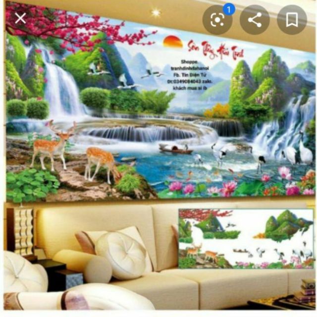 [NEW]_Tranh đính đá phong cảnh lưu thủy sinh tài khổ lớn 200x90cm