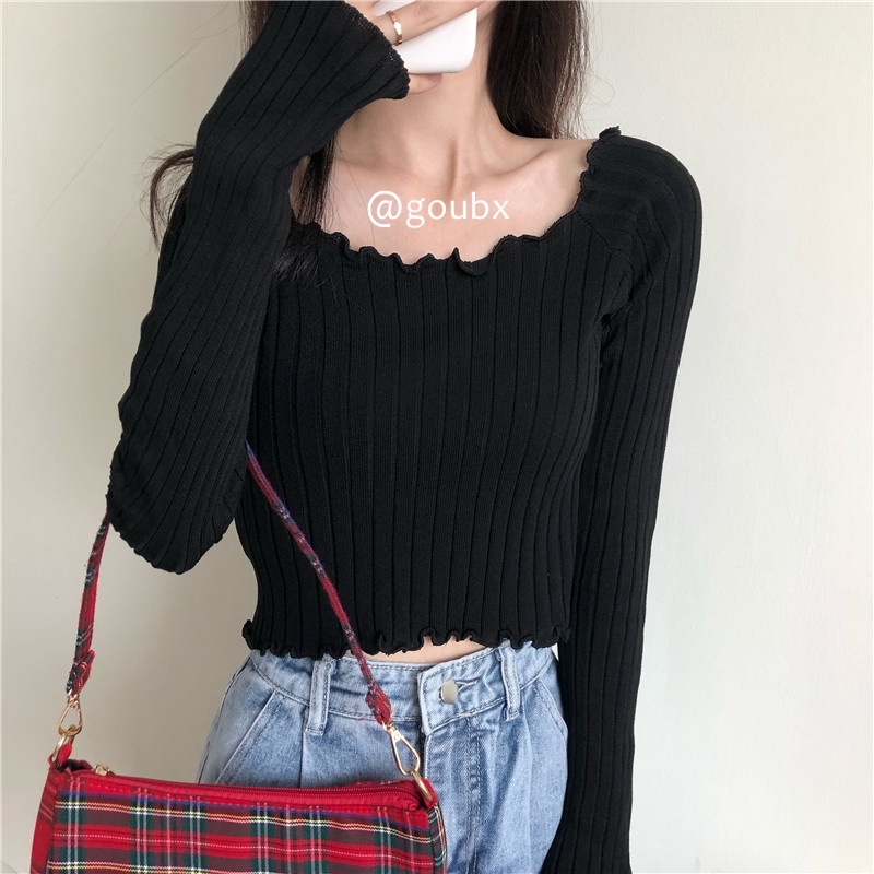 áo croptop tay dài Dệt Kim Tay Dài Trễ Vai Thiết Kế Ôm Sát Quyến Rũ