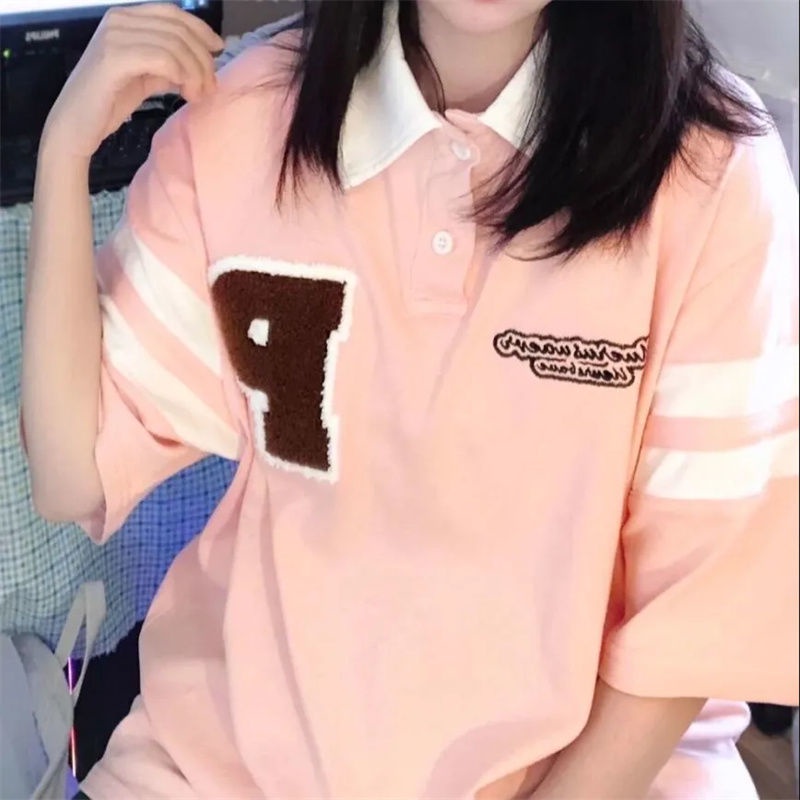 Jiashucheng Áo Thun Nữ Ngắn Tay Cổ Bẻ Form Rộng Phong Cách Hàn Quốc Mới
