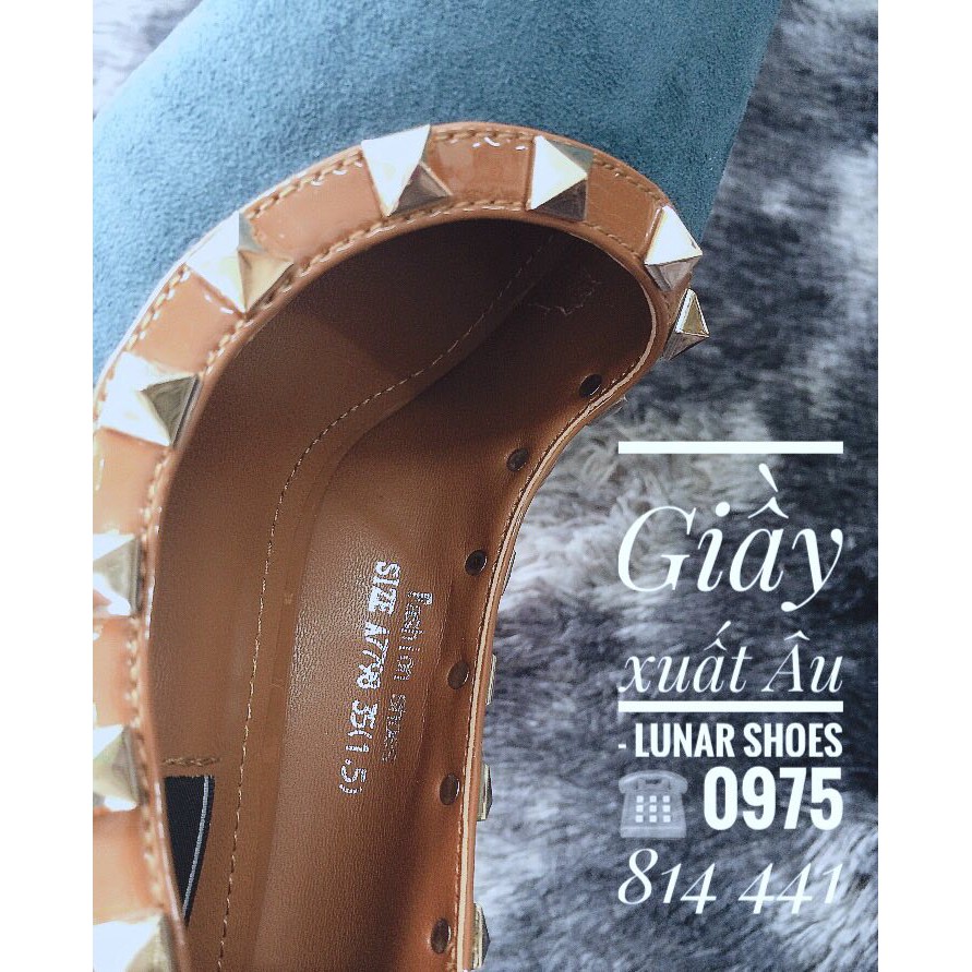 SALE G239 Giầy cao gót xanh viền đinh Sang chảnh