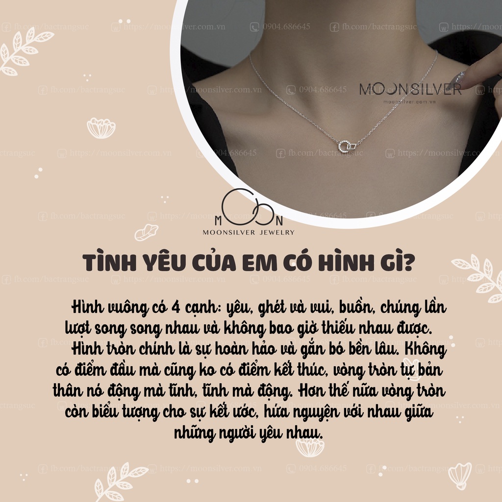 Dây chuyền bạc nữ Moonsilver, vòng cổ bạc s925 hình vuông và hình tròn lồng nhau basic